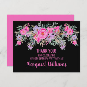 90th birthday black pink floral thank you card