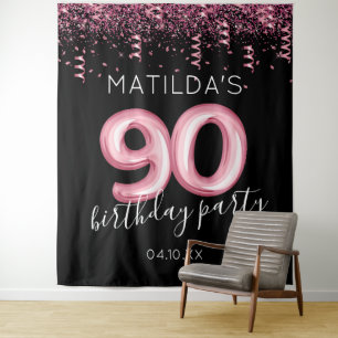 90th Birthday Black Pink Photo Backdrop Tapestry