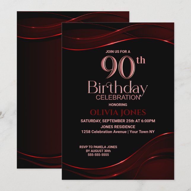 90th Birthday Black Red Party Invitation (Front/Back)