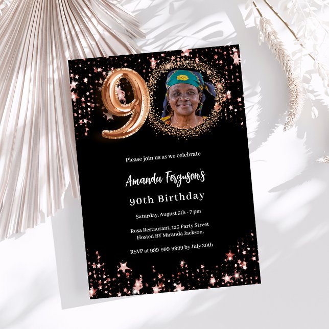 90th Birthday black rose gold photo stars luxury Invitation (Creator Uploaded)