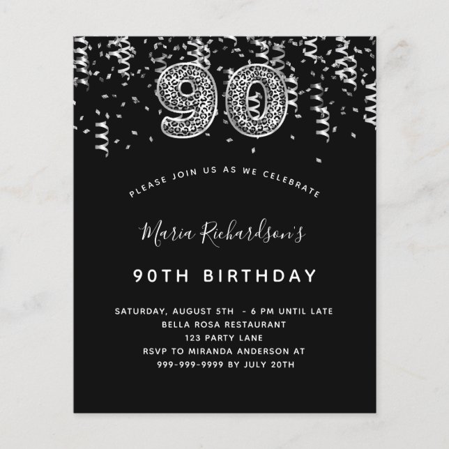 90th birthday black silver leopard invitation (Front)