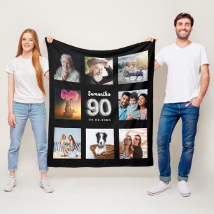 90th birthday black silver photo collage name fleece blanket