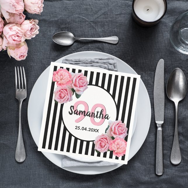 90th birthday black stripes pink florals classic napkin (Creator Uploaded)
