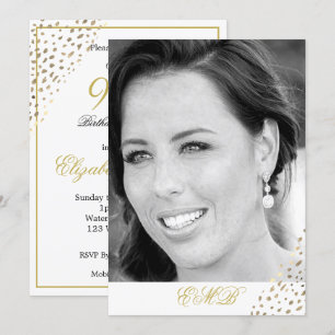 90th Birthday Black White Photo Gold  Elegant Invitation