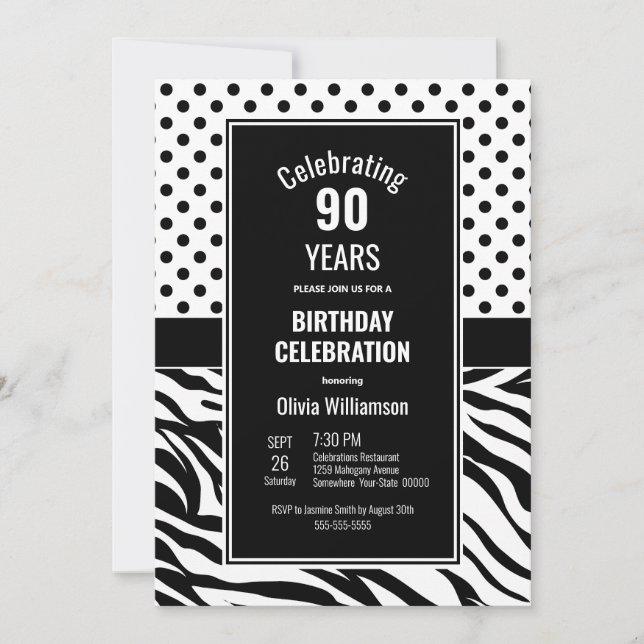 90th Birthday Black White Polka Dots Zebra Stripes Invitation (Front)