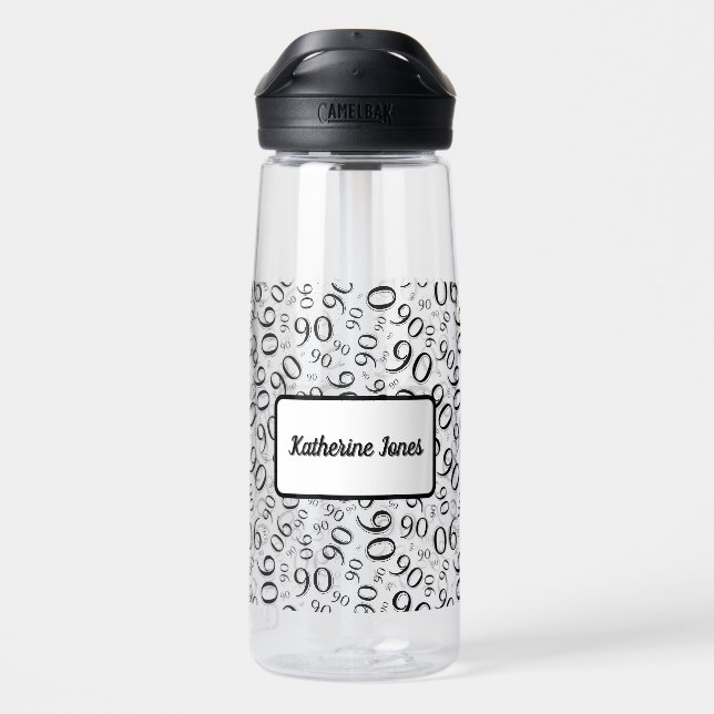 90th Birthday Black & White Random Number Pattern Water Bottle (Back)