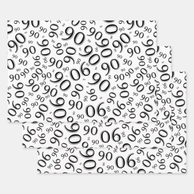 90th Birthday Black & White Random Number Pattern Wrapping Paper Sheet (Set)