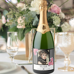 90th birthday black white stripes floral photo sparkling wine label