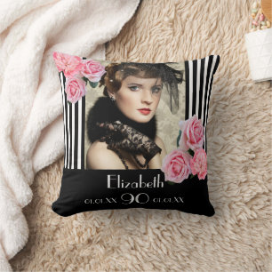 90th birthday black white stripes flowers photo cushion