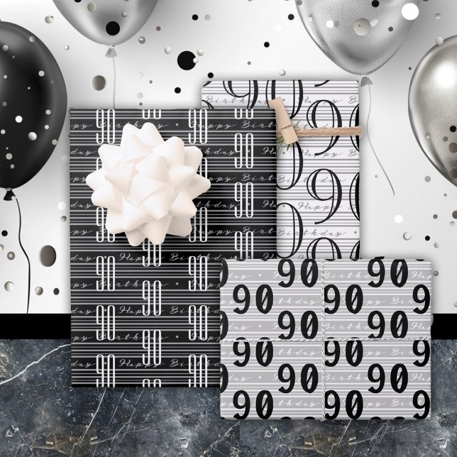90th Birthday Black White Typography Numbers Wrapping Paper Sheet (Creator Uploaded)