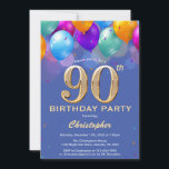 90th Birthday Blue and Gold Colourful Balloons Invitation<br><div class="desc">90th Birthday Blue and Gold Colourful Balloons and Confetti Invitation. For further customisation,  please click the "Customise it" button and use our design tool to modify this template.</div>