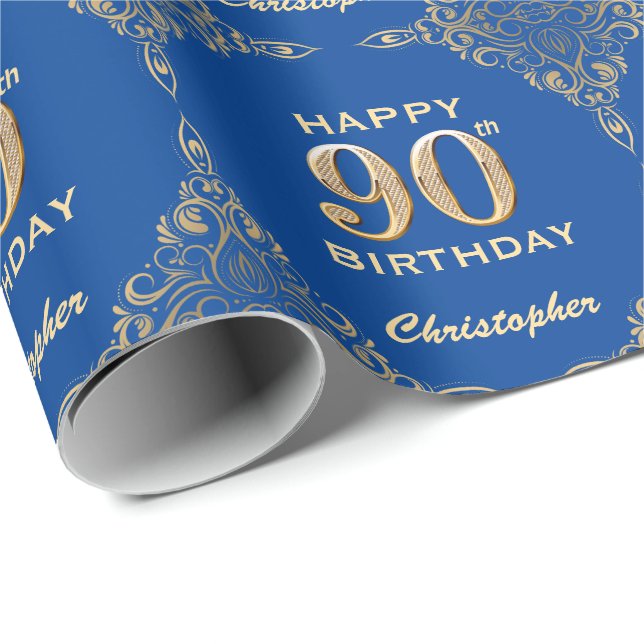 90th Birthday Blue and Gold Glitter Frame Wrapping Paper (Roll Corner)