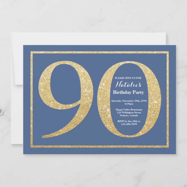 90th Birthday Blue and Gold Glitter Invitation (Front)