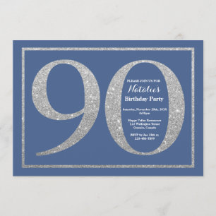 90th Birthday Blue and Silver Glitter Invitation