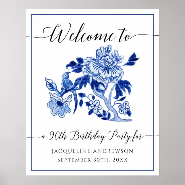 90th Birthday Blue and White Chinoiserie Floral Poster (Front)