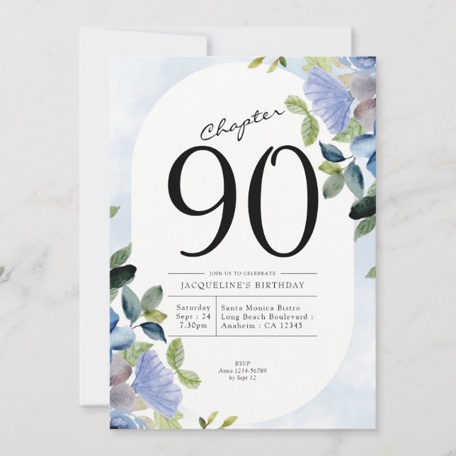 90th Birthday Blue Floral Invitation (Front)