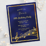 90th birthday blue gold music notes invitation postcard<br><div class="desc">On front: A trendy, modern 90th birthday party invitation card for men. A dark blue, navy blue background. The blue colour is uneven. With a faux gold frame and music notes, golden coloured letters. Templates for your party information. Back: white background. Tip: If you don't want it to look like...</div>