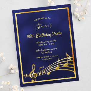 90th birthday blue gold music notes invitation postcard