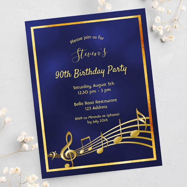 90th birthday blue gold music notes invitation postcard (Creator Uploaded)
