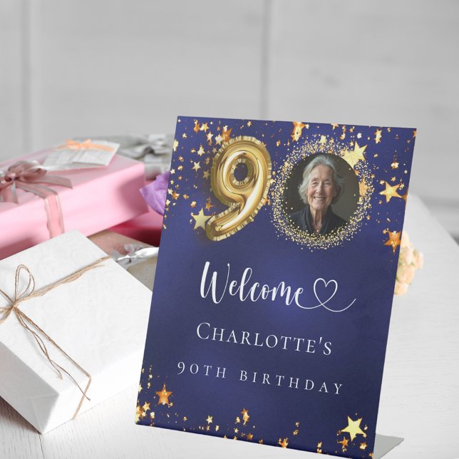 90th Birthday blue gold stars photo welcome Pedestal Sign (Creator Uploaded)