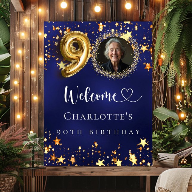 90th Birthday blue gold stars photo welcome Poster (Creator Uploaded)
