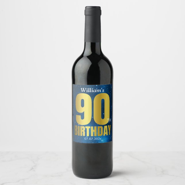90th Birthday Blue Gold Wine Label (Front)
