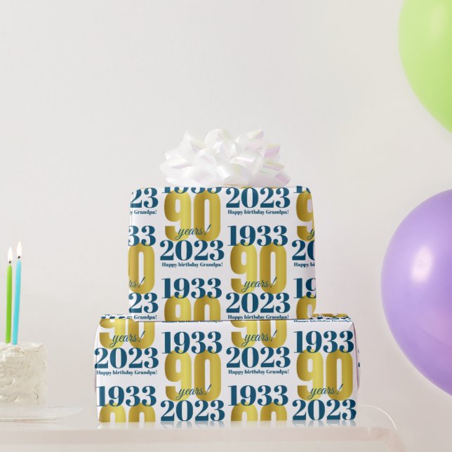90th Birthday Blue Gold Wrapping Paper (Party Gifts)