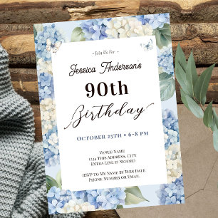 90th Birthday Blue Hydrangea Adult Garden Invitation