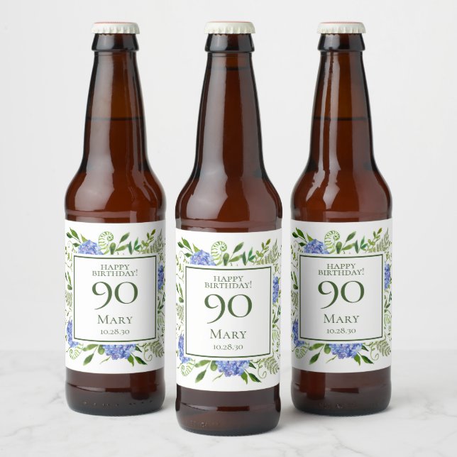 90th Birthday Blue Hydrangeas Beer Bottle Label (Bottles)