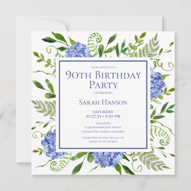 90th Birthday Blue Hydrangeas Floral Watercolor  Invitation (Front)
