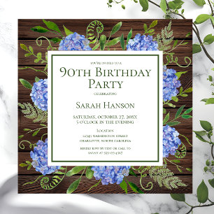 90th Birthday Blue Hydrangeas Floral Watercolor Invitation