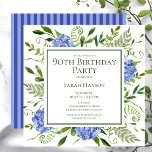 90th Birthday Blue Hydrangeas Floral Watercolor Invitation<br><div class="desc">This blue hydrangea 90th birthday party/bunch invitation is whimsical and stunning! With its watercolor multi-hued blue hydrangeas, wispy natural greenery, and coordinating blue striped back it is perfect for the woman you love who’s turning 90. By selecting Personalise this template and typing in your information you can see your gorgeous...</div>