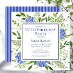 90th Birthday Blue Hydrangeas Floral Watercolor Invitation<br><div class="desc">This blue hydrangea 90th birthday party/bunch invitation is whimsical and stunning! With its watercolor multi-hued blue hydrangeas, wispy natural greenery, and coordinating blue striped back it is perfect for the woman you love who’s turning 90. By selecting Personalise this template and typing in your information you can see your gorgeous...</div>