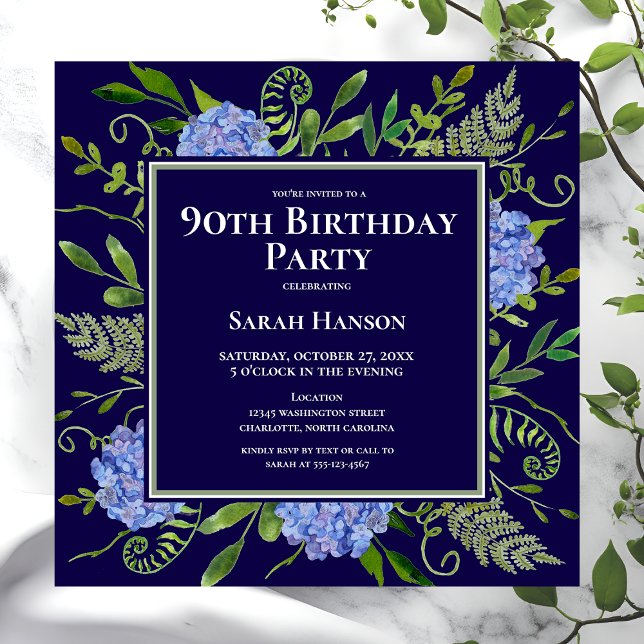 90th Birthday Blue Hydrangeas Floral Watercolor Invitation (Creator Uploaded)