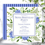 90th Birthday Blue Hydrangeas Floral Watercolor  Invitation<br><div class="desc">This blue hydrangea 90th birthday party/bunch invitation is whimsical and stunning!  With its watercolor multi-hued blue hydrangeas,  wispy natural greenery it is perfect for your loved one turning 90.  By selecting "Personalise this template" and typing in your information you can see your gorgeous invitations in seconds!</div>