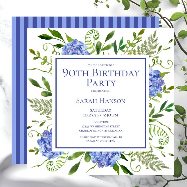 90th Birthday Blue Hydrangeas Floral Watercolor  Invitation (Creator Uploaded)