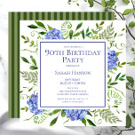 90th Birthday Blue Hydrangeas Floral Watercolor  Invitation<br><div class="desc">This blue hydrangea 90th birthday party/bunch invitation is whimsical and stunning!  With its watercolor multi-hued blue hydrangeas,  wispy natural greenery it is perfect for your loved one turning 90.  By selecting "Personalise this template" and typing in your information you can see your gorgeous invitations in seconds!</div>
