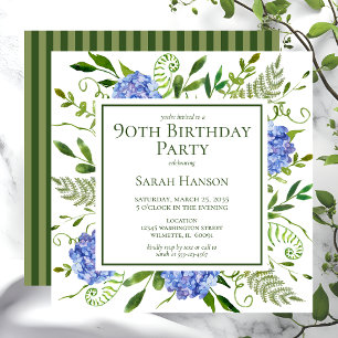 90th Birthday Blue Hydrangeas Floral Watercolor Invitation
