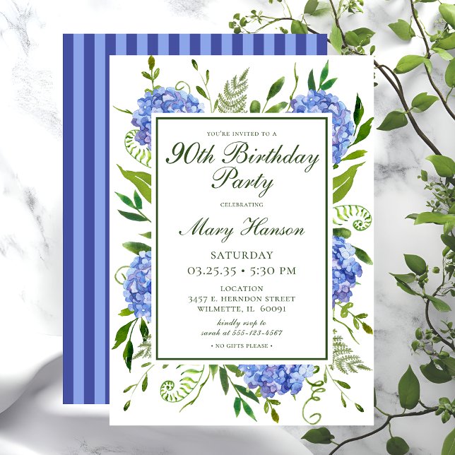 90th Birthday Blue Hydrangeas Floral Watercolor Invitation (Creator Uploaded)