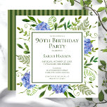 90th Birthday Blue Hydrangeas Floral Watercolor Invitation<br><div class="desc">This blue hydrangea 90th birthday party/brunch invitation is whimsical and stunning! With its watercolor multi-hued blue hydrangeas, wispy natural greenery, and coordinating green striped back it is perfect for any woman you love. By selecting Personalise this template and typing in your information you can see your gorgeous invitations in seconds!...</div>