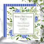 90th Birthday Blue Hydrangeas Floral Watercolor Invitation<br><div class="desc">This blue hydrangea 90th birthday party/bunch invitation is whimsical and stunning! With its watercolor multi-hued blue hydrangeas, wispy natural greenery, and coordinating blue striped back it is perfect for your loved one turning ninety. By selecting Personalise this template and typing in your information you can see your gorgeous invitations in...</div>