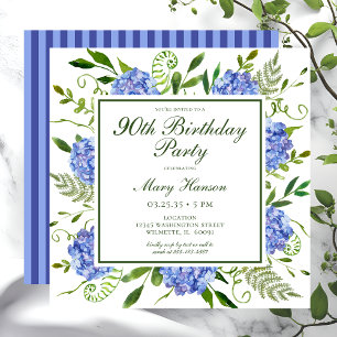 90th Birthday Blue Hydrangeas Floral Watercolor Invitation