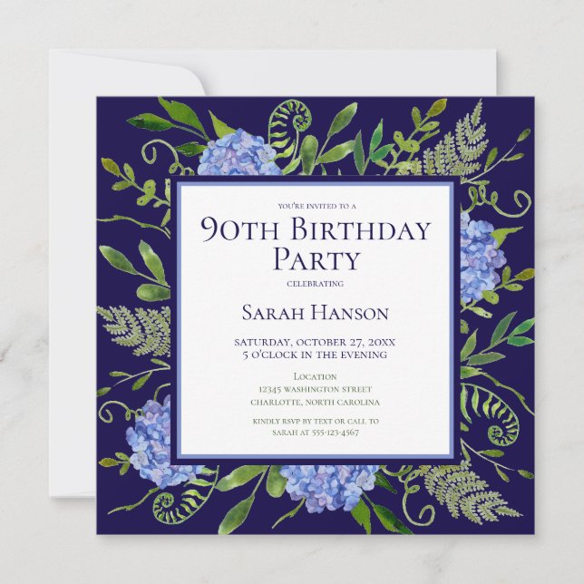90th Birthday Blue Hydrangeas Floral Watercolor Invitation (Front)