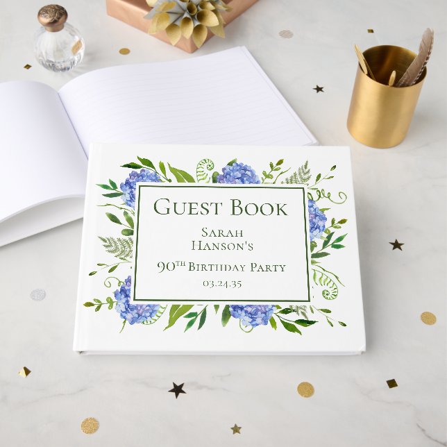 90th Birthday Blue Hydrangeas Guest Book (Front Open)