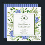 90th Birthday Blue Hydrangeas Invitation<br><div class="desc">This blue hydrangea 90th birthday party/bunch invitation is whimsical and stunning! With its watercolor multi-hued blue hydrangeas, wispy natural greenery, and coordinating blue striped back it is perfect for celebrating your wife, mum, sister, aunt, friend, grandmother, great grandmother. By selecting Personalise this template and typing in your information you can...</div>