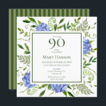 90th Birthday Blue Hydrangeas Invitation<br><div class="desc">This blue hydrangea 90th birthday party/brunch invitation is whimsical and stunning! With its watercolor multi-hued blue hydrangeas, wispy natural greenery, and coordinating green striped back it is perfect for celebrating your wife, mum, sister, aunt, friend, grandmother, great grandmother. By selecting Personalise this template and typing in your information you can...</div>