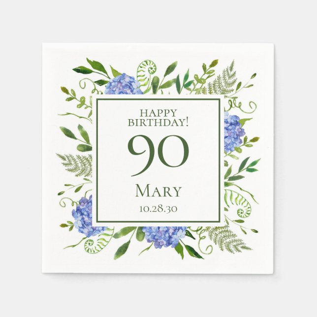 90th Birthday Blue Hydrangeas Napkin (Front)