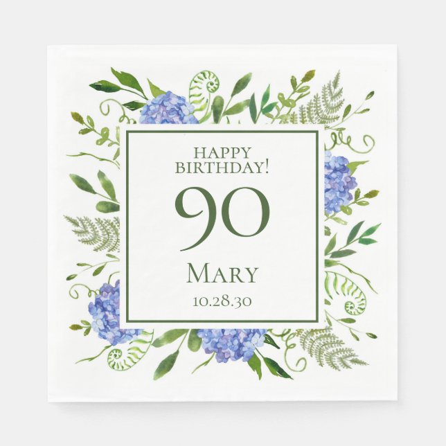 90th Birthday Blue Hydrangeas Napkin (Front)