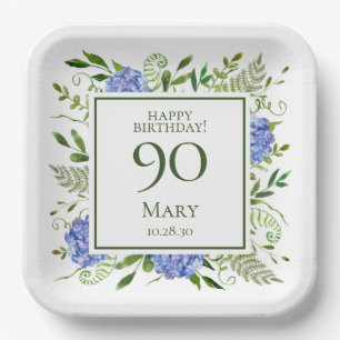90th Birthday Blue Hydrangeas Paper Plate