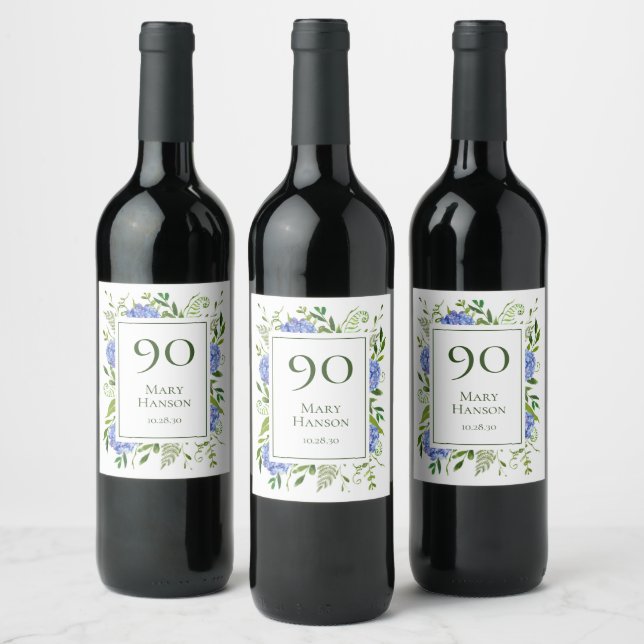 90th Birthday Blue Hydrangeas Wine Label (Bottles)
